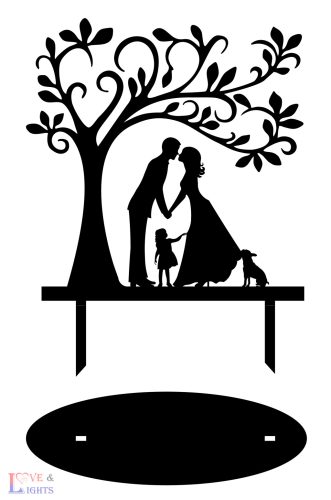 Esküvői sziluett tortadísz - kislánnyal és terrier kutyussal kiegészítve