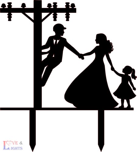 Villanyszerelő vőlegény, menyasszony, kislány sziluett -  esküvői tortadísz 