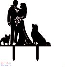 Esküvői tortadísz nászpár sziluett -  buldoggal és golden retrieverrel