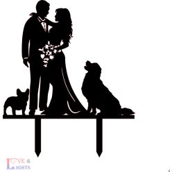   Esküvői tortadísz nászpár sziluett -  buldoggal és golden retrieverrel