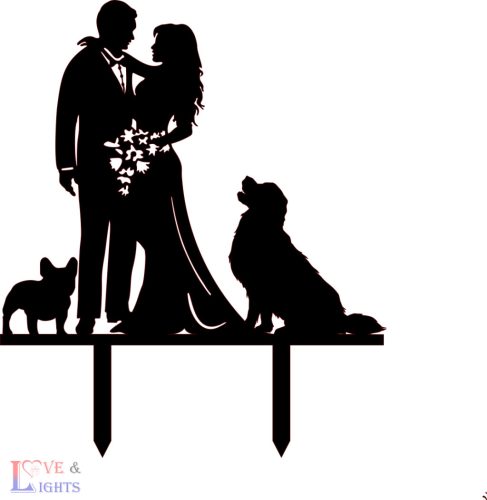 Esküvői tortadísz nászpár sziluett -  buldoggal és golden retrieverrel