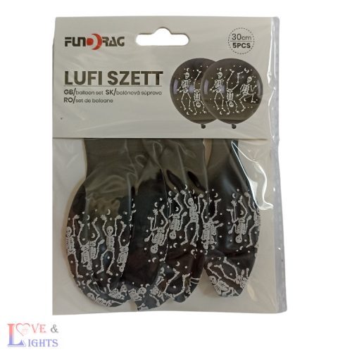 Csontváz mintás halloweeni lufi csomag - 5db