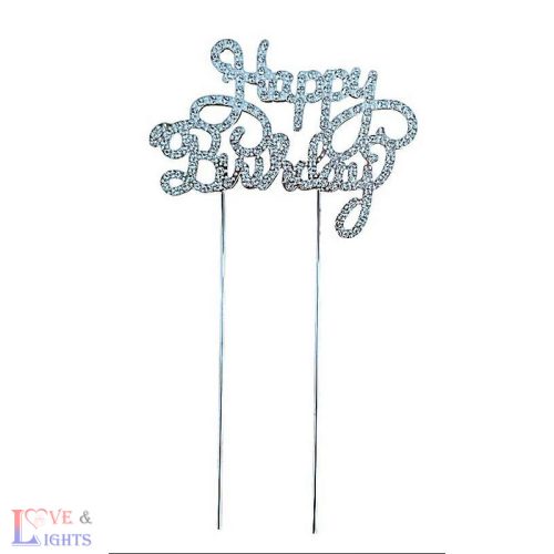 Happy Birthday! feliratos ezüst tortadísz - strasszokkal