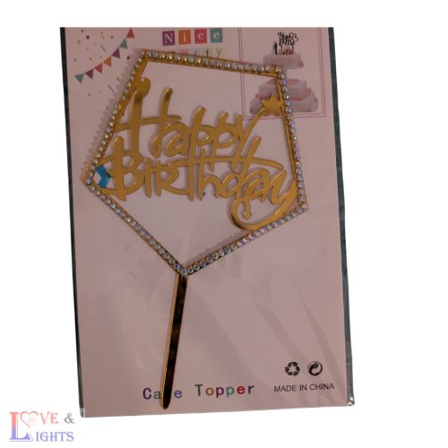 Happy Birthday! feliratos arany tortadísz - ötszög mintás