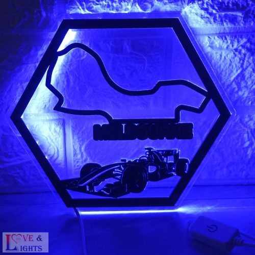 Melbourne F1 pályaívet ábrázoló LED-es hatszögletű fali dekoráció 