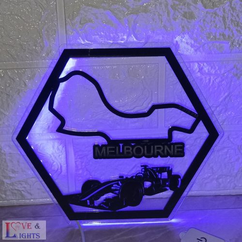Melbourne F1 pályaívet ábrázoló LED-es hatszögletű fali dekoráció 