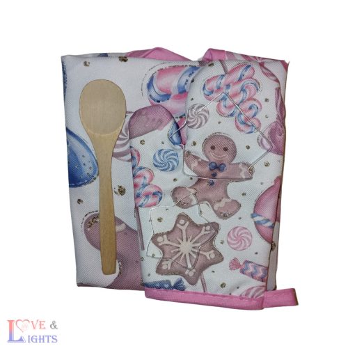 Kötény szett gyerekeknek karácsonyi mintával - rózsaszín mézeskalács