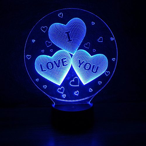 Három szív I LOVE YOU felirattal mintás 3d illúzió lámpa 