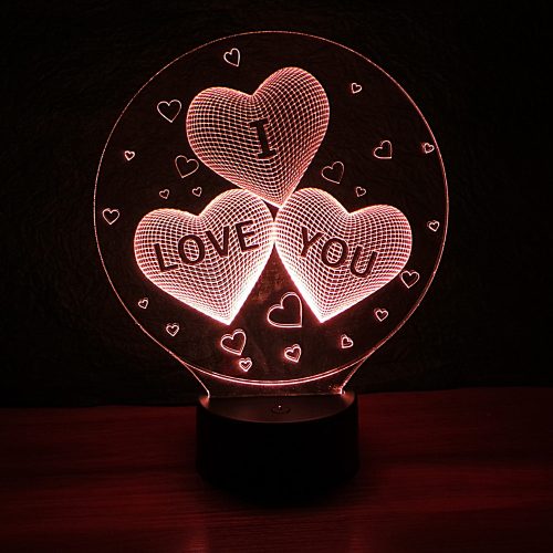 Három szív I LOVE YOU felirattal mintás 3d illúzió lámpa 