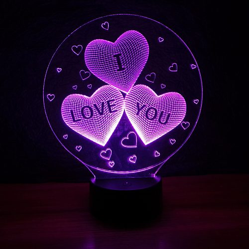 Három szív I LOVE YOU felirattal mintás 3d illúzió lámpa 