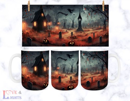Temető, töklámpásokkal mintás  halloweeni bögre