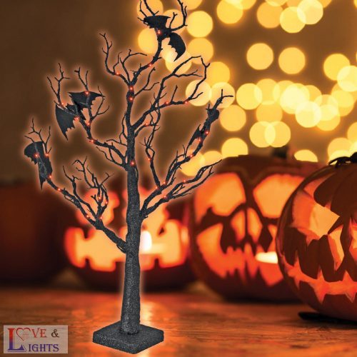 Halloween fa, denevérekkel, narancs színű LED-ekkel - 70 cm