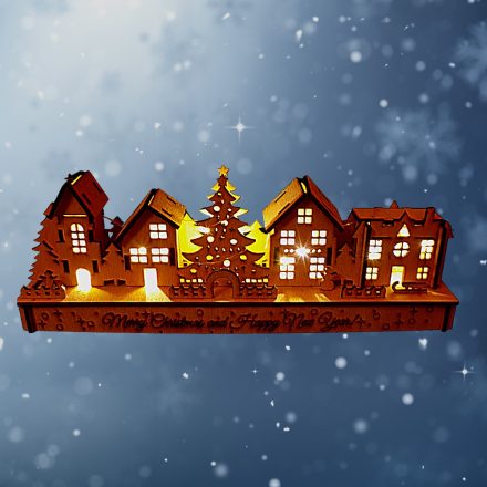 Kis téli falu mintás fa dekoráció LED világítással