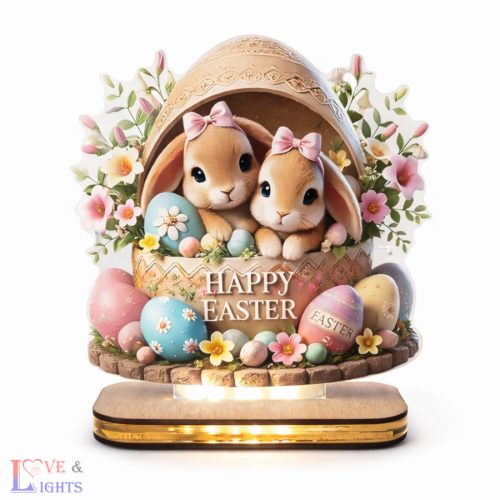 Húsvéti nyuszik tojásban – LED éjjeli fény Happy Easter felirattal