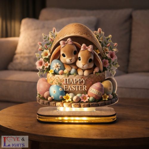 Húsvéti nyuszik tojásban – LED éjjeli fény Happy Easter felirattal
