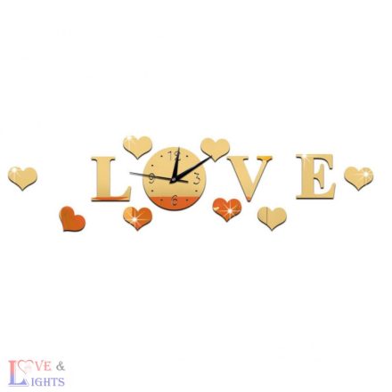 Love feliratú tükrös falmatrica, órával -arany